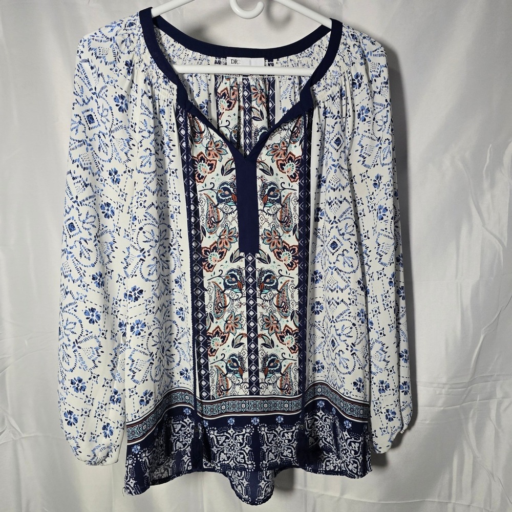 DR2 Womens Blue White Paisley Floral Tassel Tie Blouse Top M boho indie